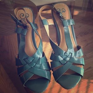 Turquoise Patent Leather Sandal Wedges